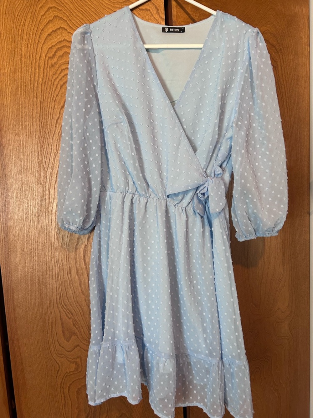 Light Blue Swiss Dot Wrap Dress BTFBM Size Medium 3/4 Sleeve